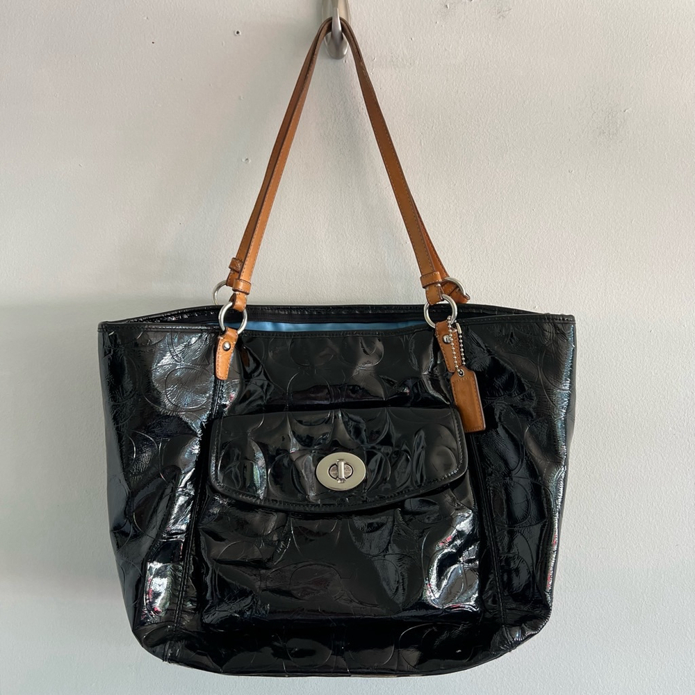 Coach Signature C Patent Leather Tote Bag Black Tan